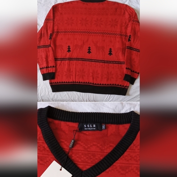 SSLR Ugly Christmas Sweater Knitted Pullover V-Neck Funny Santa Size 3XL Red - Picture 5 of 5